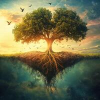 Beautiful solitary tree with visible roots floating in the air under a colorful sunset sky with birds flying nearby photo