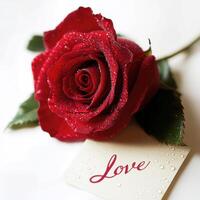 Beautiful red rose with water droplets and a love note on a white background evokes romance and affection photo