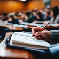 Students engaged in note-taking during a lecture in a university classroom setting photo