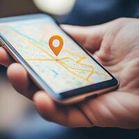 Person holding smartphone displaying map with location marker in urban setting during daytime photo