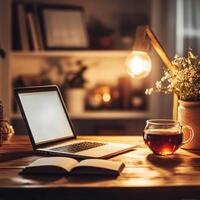 Cozy workspace at night with a laptop, warm tea, and soft lighting creating a peaceful atmosphere photo