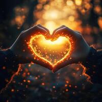 Heart-shaped hand gesture with glowing effects during sunset in a forest setting photo
