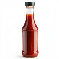 Bottle of red sauce placed on a neutral background with a smooth finish photo