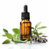 Essential oil dropper bottle with fresh herbs on a white background highlighting natural wellness and aromatherapy photo