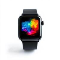 Modern smartwatch displaying vibrant abstract colors on its screen against a minimalist background photo