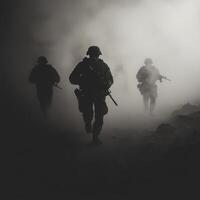 Soldiers navigating through foggy terrain during a military operation at dawn photo