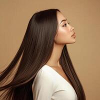 Elegant portrait of a model showcasing long, smooth hair against a neutral background in a well-lit studio photo