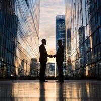 Businessmen shaking hands at sunset in a modern city with skyscrapers reflecting warm light photo
