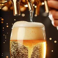 Pouring a perfect draft beer into a chilled glass at a bustling bar during a lively evening photo