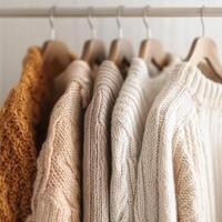 Cozy knitted sweaters hanging in a modern closet showcasing autumn fashion choices photo