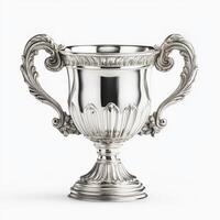 Decorative silver trophy with ornate handles displayed on a plain background photo