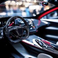Luxurious car interior showcasing advanced technology and modern design elements at an automotive exhibition photo