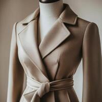 Elegant beige trench coat displayed on a mannequin in a minimalist indoor setting showcasing tailored fashion design photo