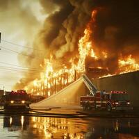 Firefighters battle a massive blaze at a warehouse during a dramatic evening emergency response photo