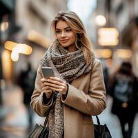 Young woman using smartphone while strolling through a busy city street in autumn photo