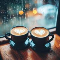 Enjoying warm cups of coffee while watching rain fall on the window in a cozy cafe setting photo