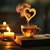 Warm cup of tea with heart-shaped steam surrounded by candlelight and an open book during a cozy evening photo
