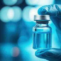 Medical professional holding a vial of blue liquid in a laboratory setting during a research session photo