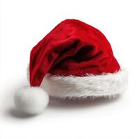 Santa hat with white fur trim and pom-pom on white background. photo