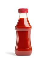 Red condiment bottle filled with tomato sauce on a plain background photo