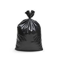 Large black garbage bag filled with waste material displayed on a plain white background photo