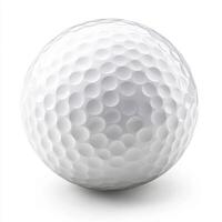 White golf ball with dimples resting on a smooth surface in bright light photo