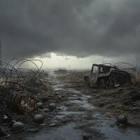 Desolate battlefield landscape with abandoned vehicles and barbed wire in stormy weather photo