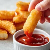 Crispy fried snacks being dipped in tangy sauce during a casual snack time at home photo