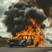 Car engulfed in flames on highway during overcast day with thick smoke rising photo
