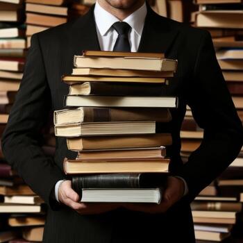 Man in a suit carries a stack of books in a library filled with shelves of literature photo