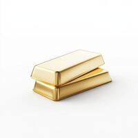 Shiny gold bars stacked on a white surface reflecting light in a minimalistic setting photo