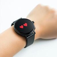 Modern smartwatch displays heart emojis on wrist during casual indoors activity photo