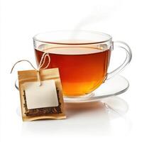 Warm tea in a glass cup beside a tea bag on a saucer, perfect for a cozy afternoon break photo