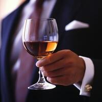 Elegant man holding a glass of amber drink at a formal occasion in a luxurious setting photo