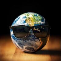 Earth wearing sunglasses on a wooden table with a dark background during a creative photoshoot photo