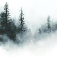 Misty forest landscape with tall evergreen trees and soft fog during early morning light photo