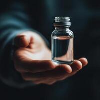 Clear glass vial held in hand showcasing clear liquid, representing medicinal or chemical substance in a dimly lit environment photo