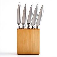 Knives arranged neatly in a bamboo block holder for kitchen use, showcasing modern design and functionality photo