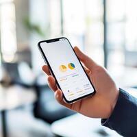 User checking financial app on smartphone in bright modern office during daytime photo