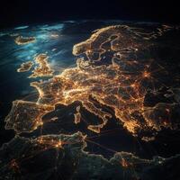 Insight into Europe illuminated network from space showcasing its vibrant cities and transport links at night photo