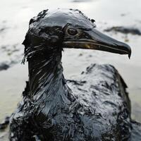 Bird covered in oil on the shoreline during a coastal pollution event in the afternoon photo
