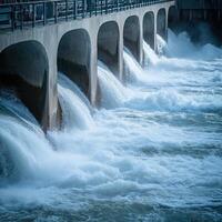 Water flows vigorously through dam gates during a sunny day by the riverside in a tranquil setting photo