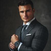 Stylish man poses confidently in tailored suit with watch against a dark background photo