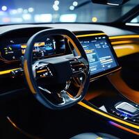 High-tech car interior featuring advanced dashboard and illuminated design elements at a modern auto showroom photo