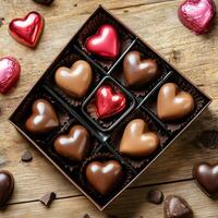 Heart-shaped chocolate box with assorted flavors on wooden table for special occasions photo