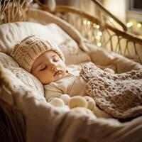Sweet baby peacefully sleeping in cozy basket surrounded by soft fabrics and warm lights photo