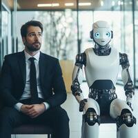 Businessman and humanoid robot waiting together in a modern office environment during daylight hours photo