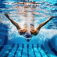 Swimmer dives into the pool with powerful stroke and determination during a bright sunny day photo