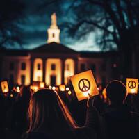 Protesters hold peace signs during a candlelight vigil in front of a historic building at dusk photo