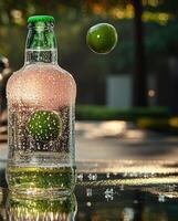 A sparkling drink captures sunlight while a lime hovers in the air, creating a refreshing vibe photo